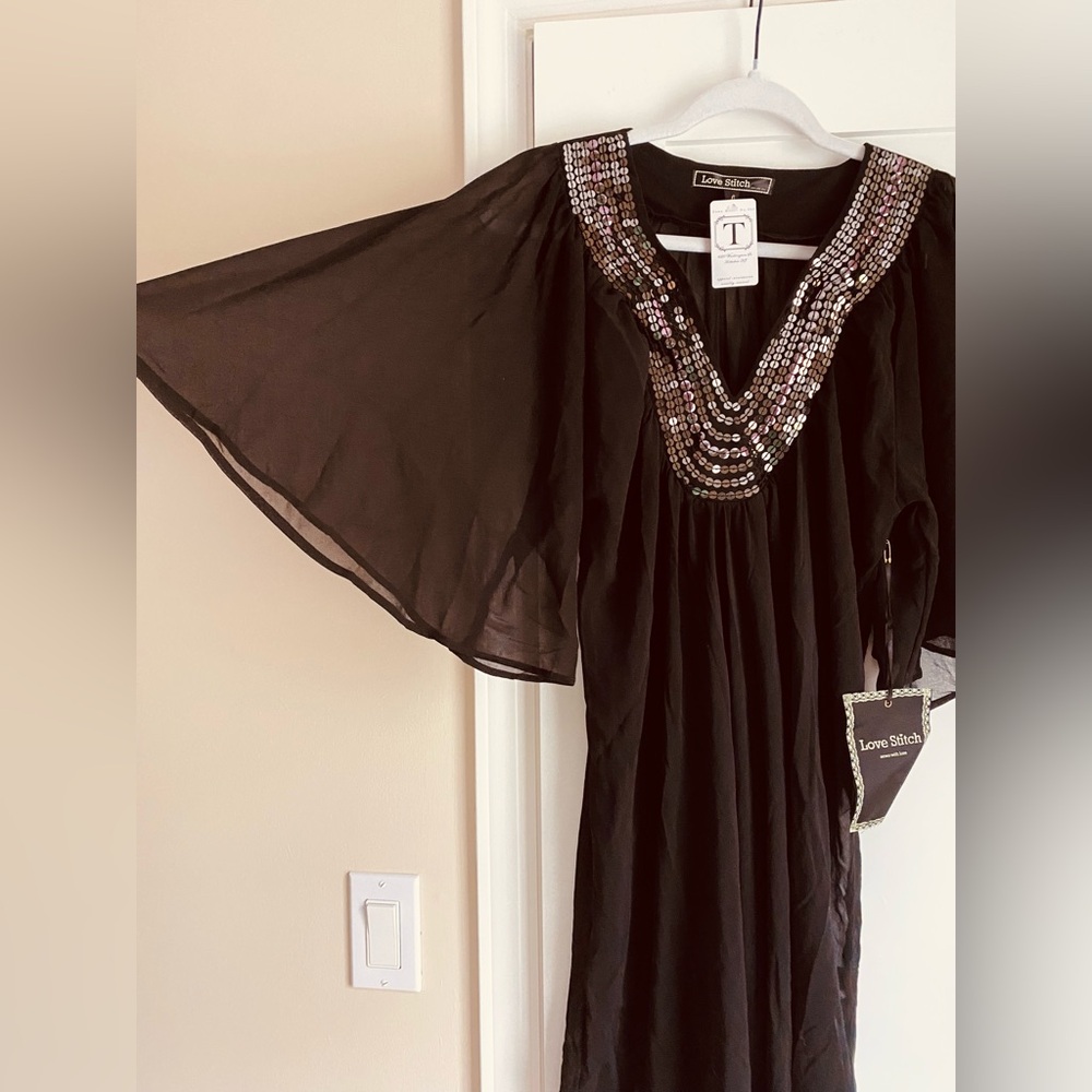 Love Stitch Black Sheer Glitter Cover up size L Fairy vacation Pool NWT
